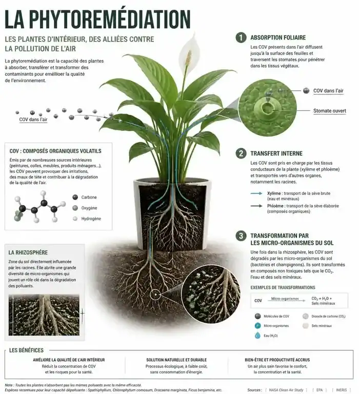 Schéma explicatif du fonctionnement des plantes d'intérieur dépolluantes et de la phytoremédiation