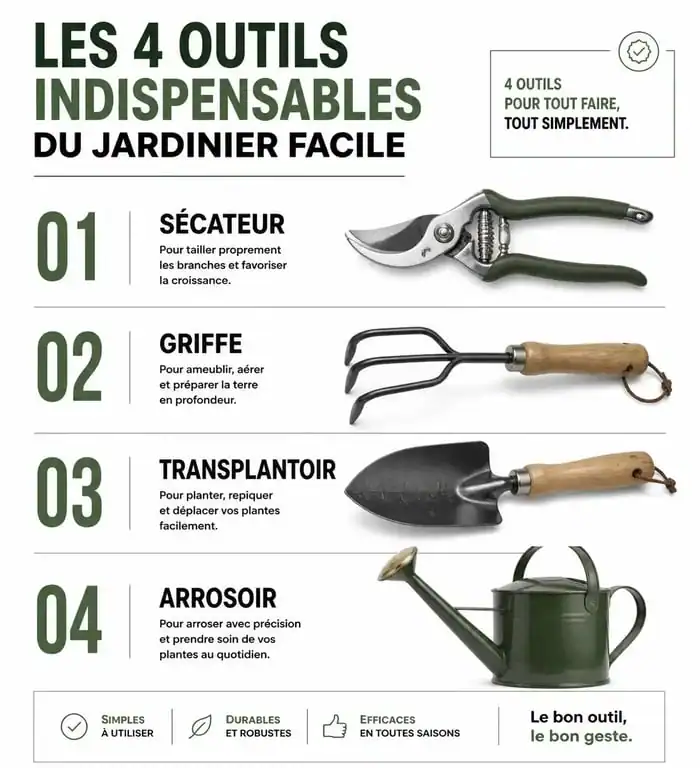Infographie des outils indispensables pour un jardinier facile