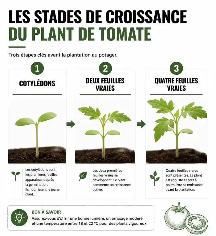 Infographie des stades de croissance pour le repiquage des tomates : cotylédons et feuilles vraies