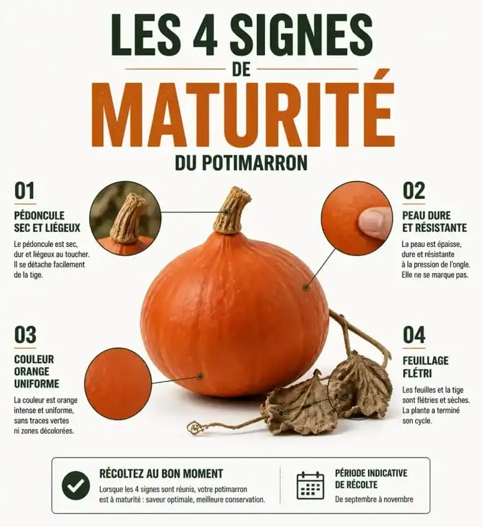 Infographie des signes de maturité pour savoir quand ramasser les potimarrons au jardin