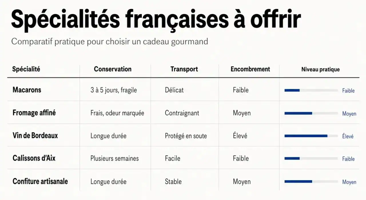Infographie comparative des spécialités françaises à offrir en cadeau selon leur conservation et transport
