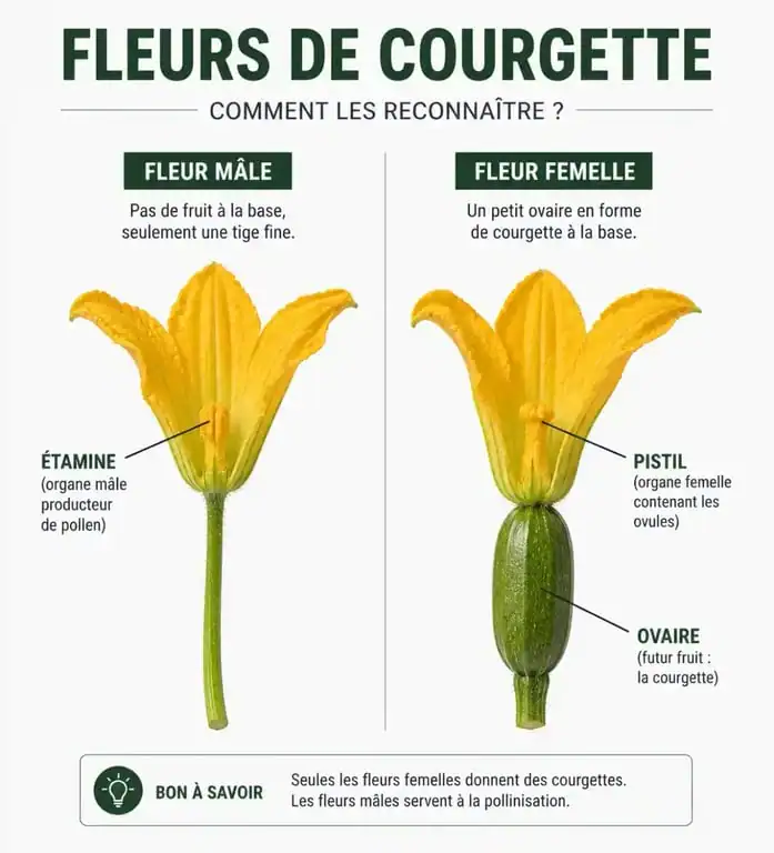 Comparaison visuelle entre fleur de courgette mâle et fleur de courgette femelle pour le jardinage