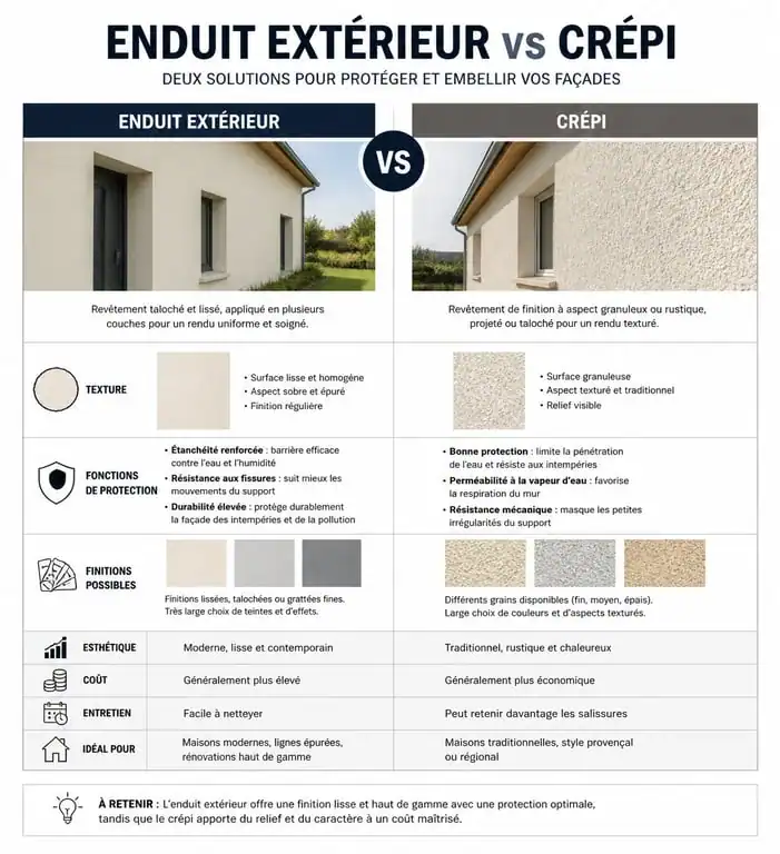 Infographie comparative des différences entre crépi et enduit extérieur pour le ravalement de façade