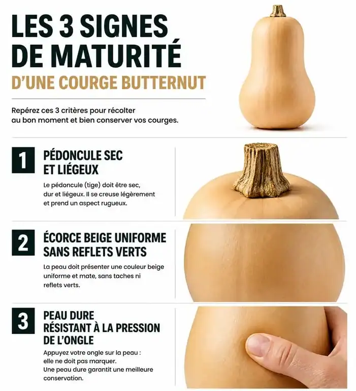 Infographie montrant les signes de maturité pour savoir quand cueillir les butternut au potager