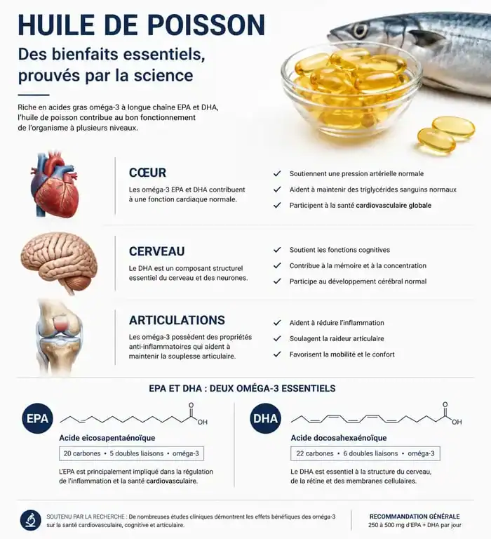 Infographie illustrant les bienfaits de l'huile de poisson sur la santé cardiovasculaire et cognitive.