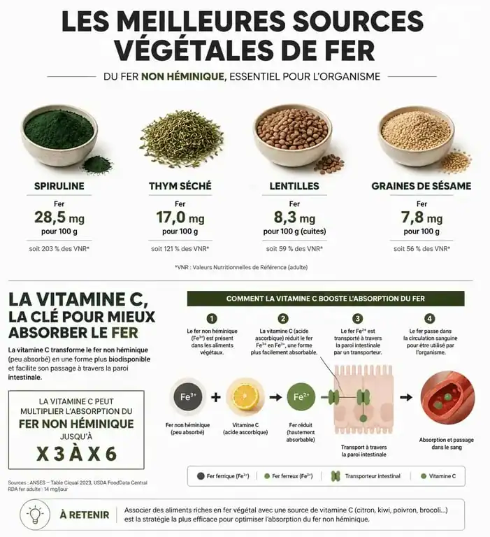 Infographie sur les fruits et légumes riches en fer et l'absorption du fer végétal