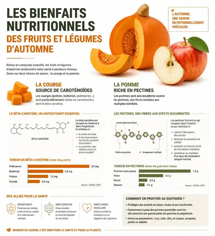 Infographie sur les bienfaits nutritionnels des fruits et légumes d'automne pour la santé