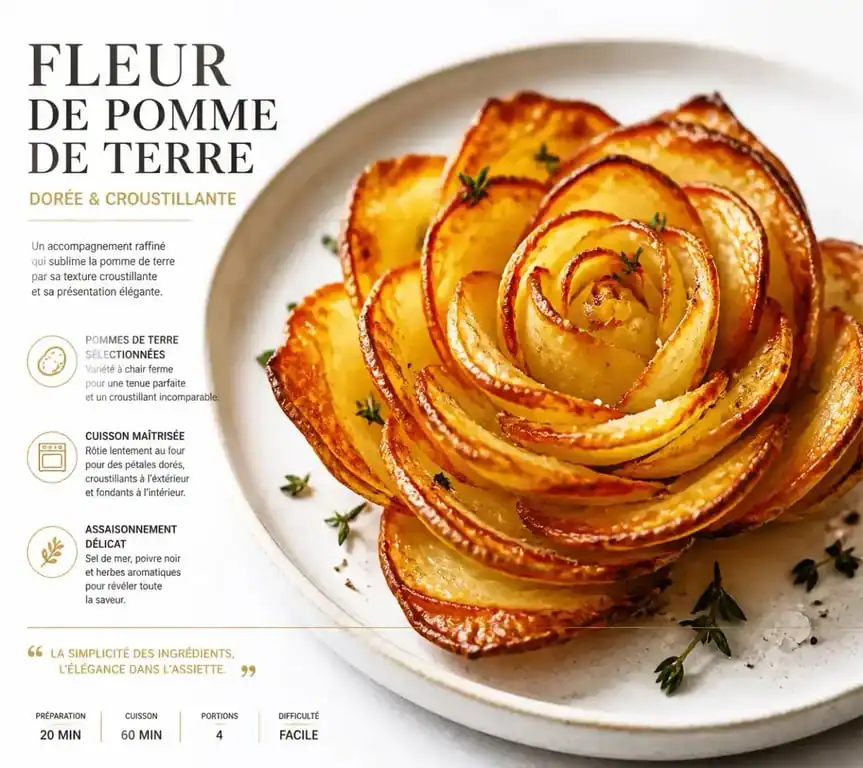Fleur de pomme de terre croustillante et dorée dressée dans une assiette