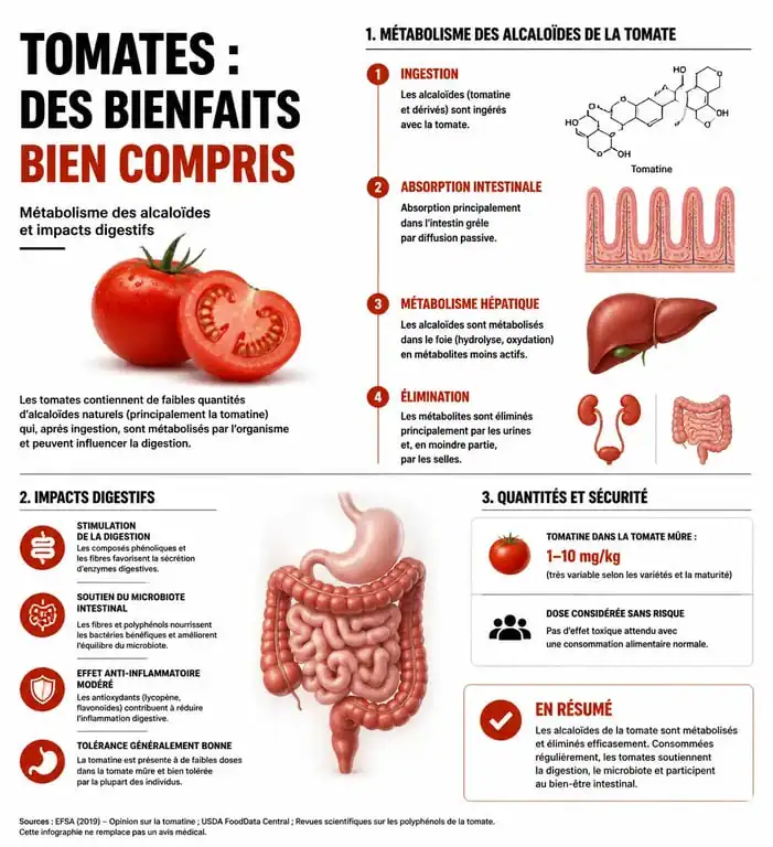 Infographie sur les conséquences d'une consommation excessive de tomates sur la santé et la digestion