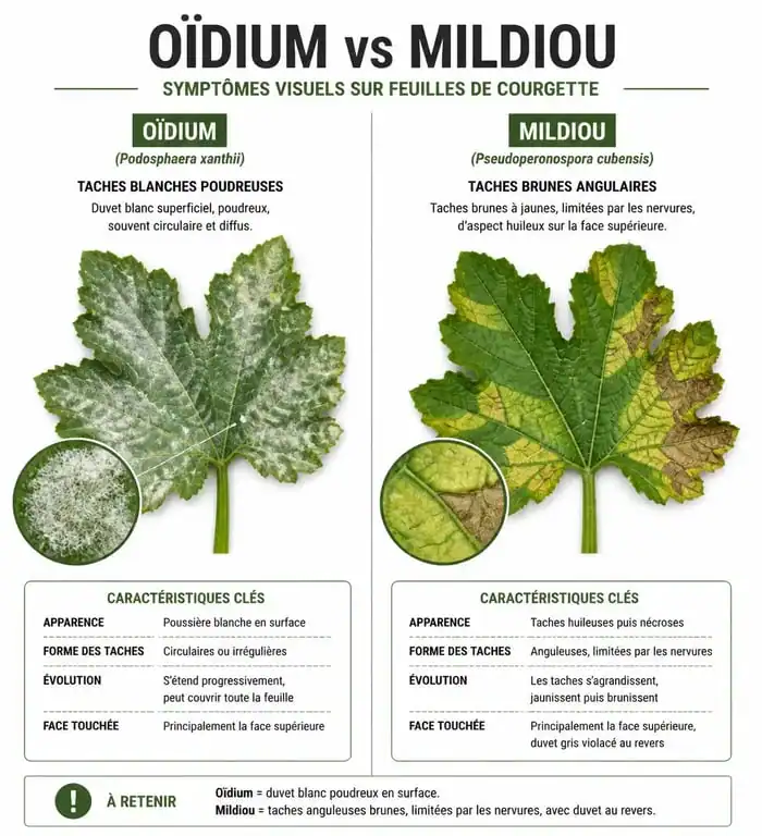 Comparaison des symptômes de l'oïdium et du mildiou sur les feuilles de courgette pour le diagnostic des maladies.