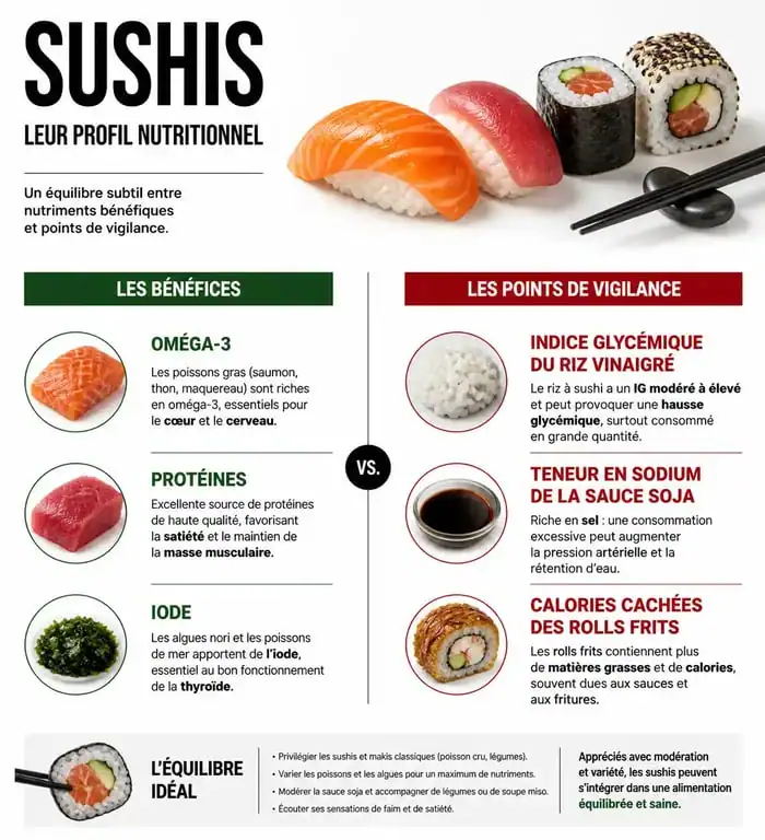Infographie sur les bienfaits et les risques des sushis pour la santé, analysant les apports nutritionnels et les points de vigilance.