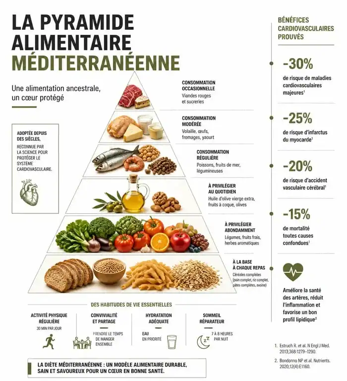 Infographie des bienfaits santé et de la pyramide du menu type régime méditerranéen