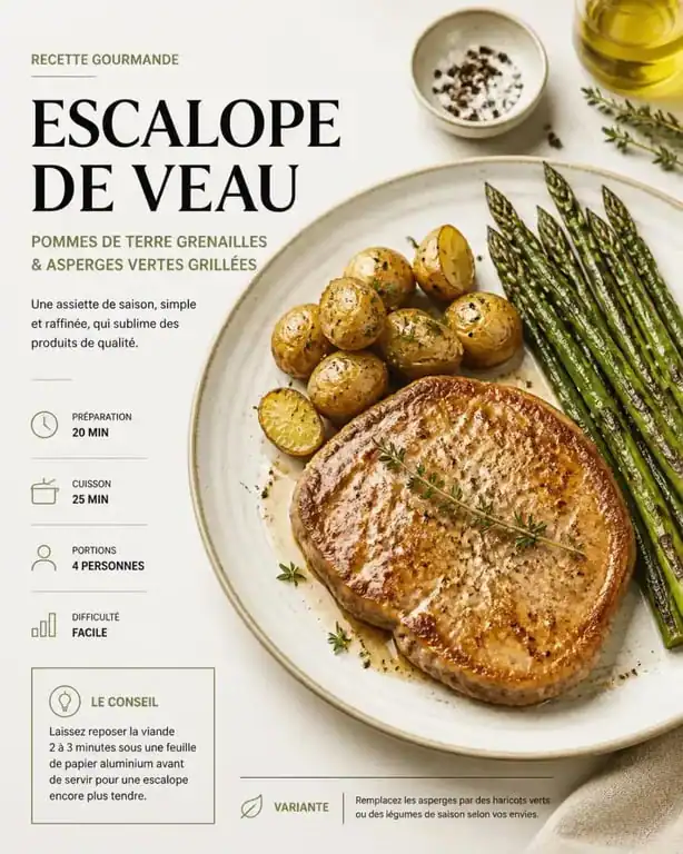 Escalope de veau accompagnée de pommes de terre grenailles et asperges vertes