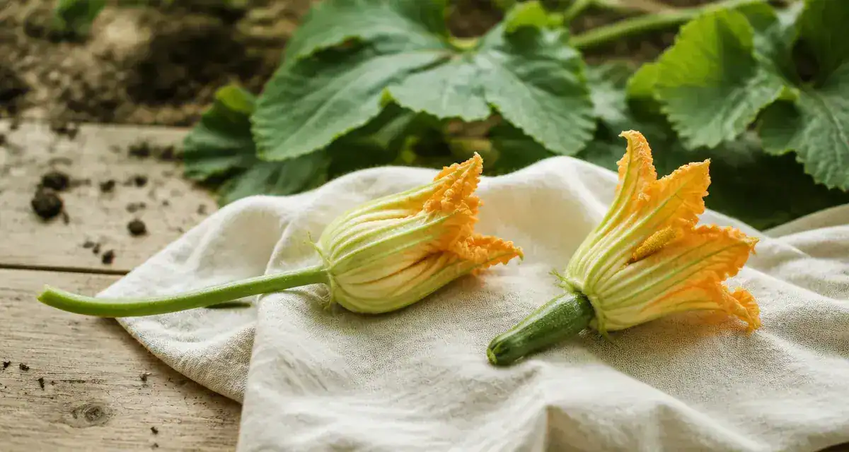 Fleur de courgette male fraîche au potager, pétales jaunes et étamine