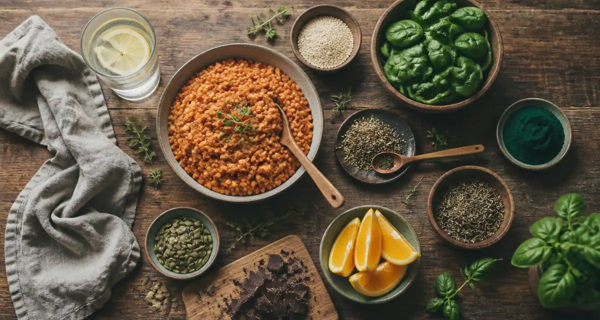 fruits et legumes riches en fer sur une table