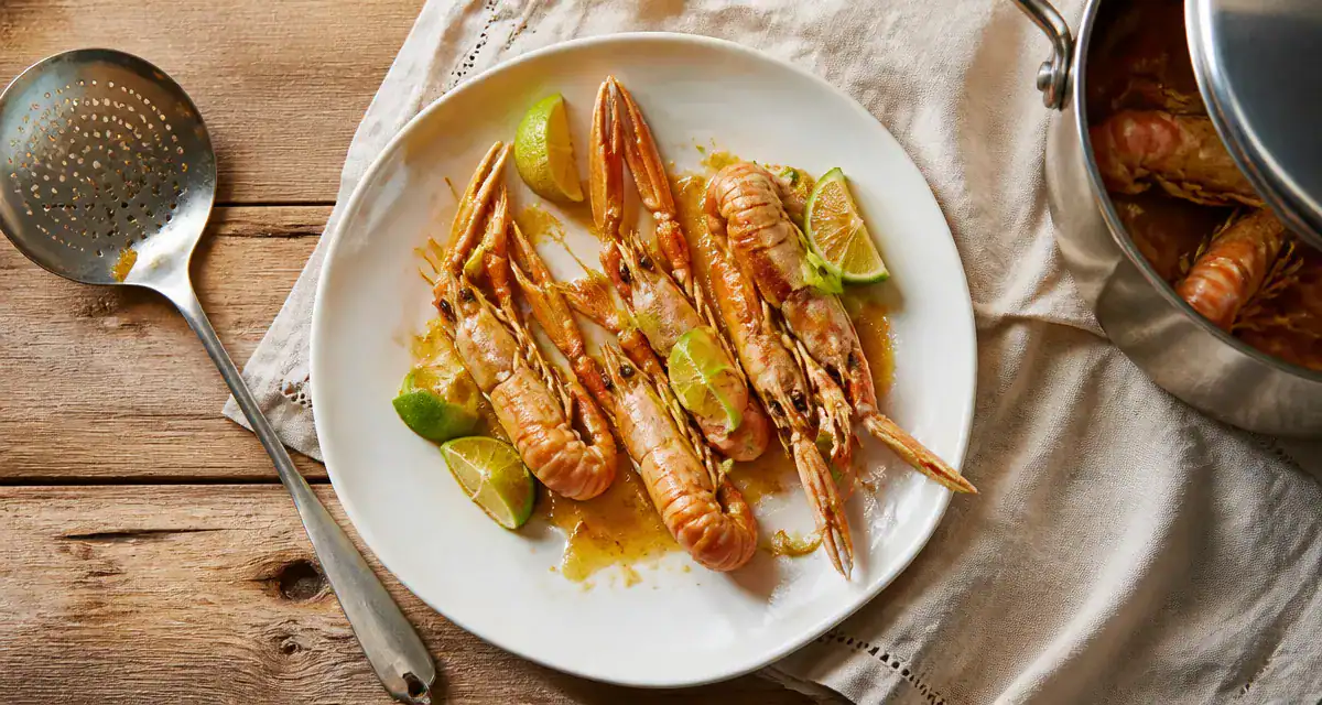 Langoustines surgelées cuisson 3 minutes, assiette avec citron vert et beurre de corail