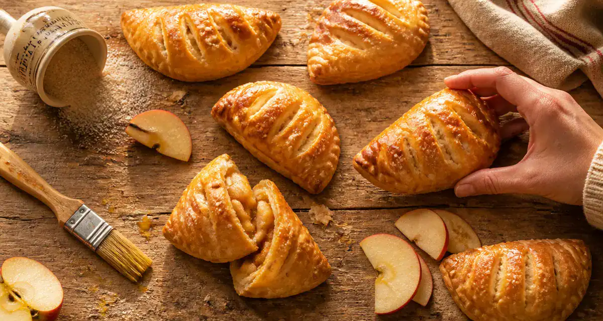 recette avec de la pate feuilletee chaussons pommes dorés sur plan de travail