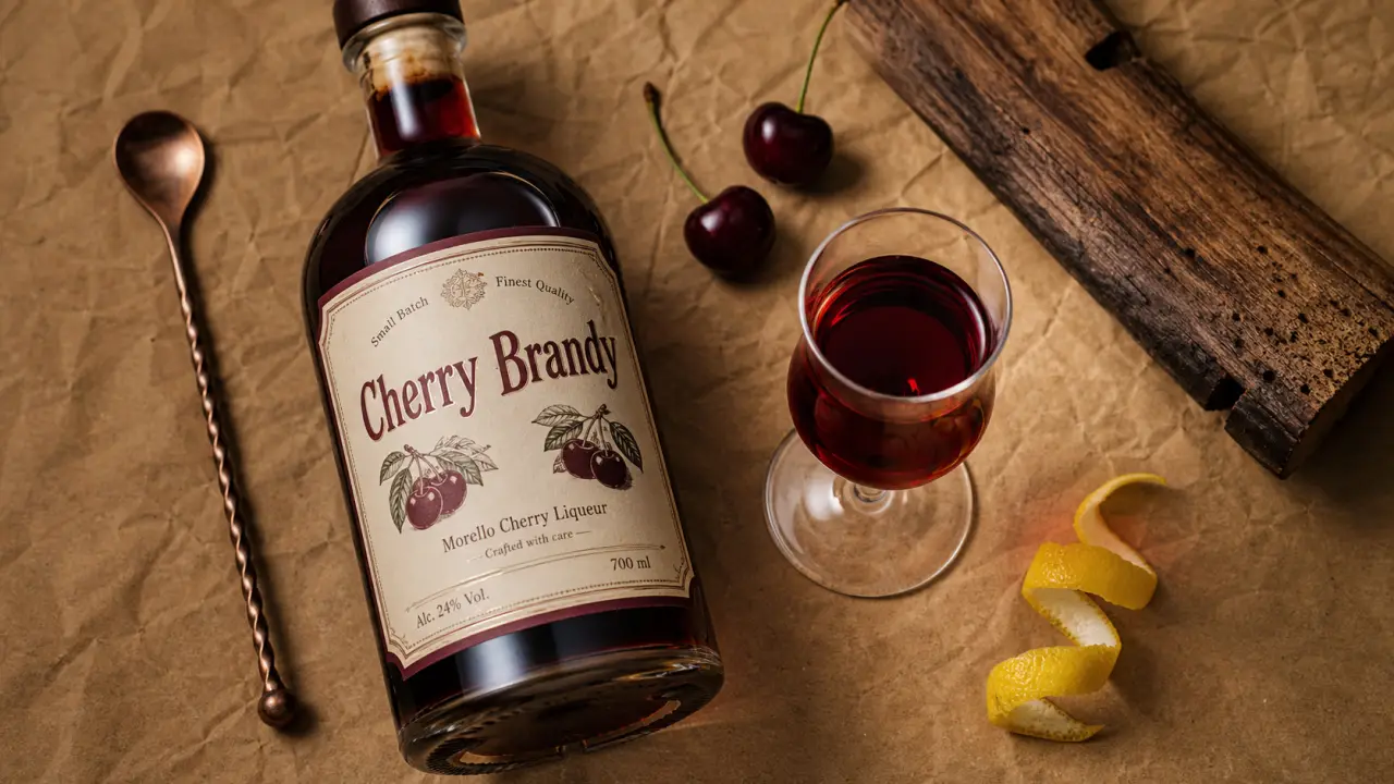 Cherry brandy liqueur : bouteille et verre de liqueur rouge aux cerises