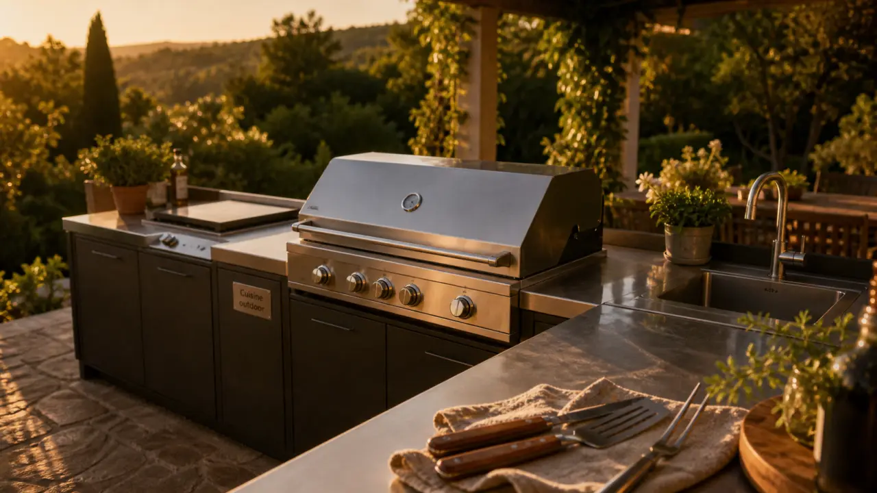 Barbecue cuisine extérieure : cuisine outdoor moderne avec plancha et évier