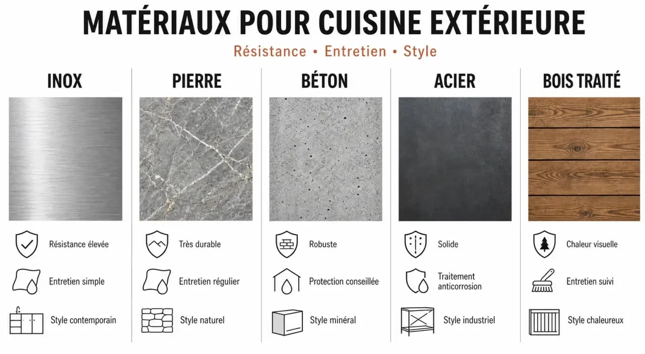 Comparaison des matériaux pour barbecue cuisine extérieure entre inox, pierre, béton, acier et bois traité
