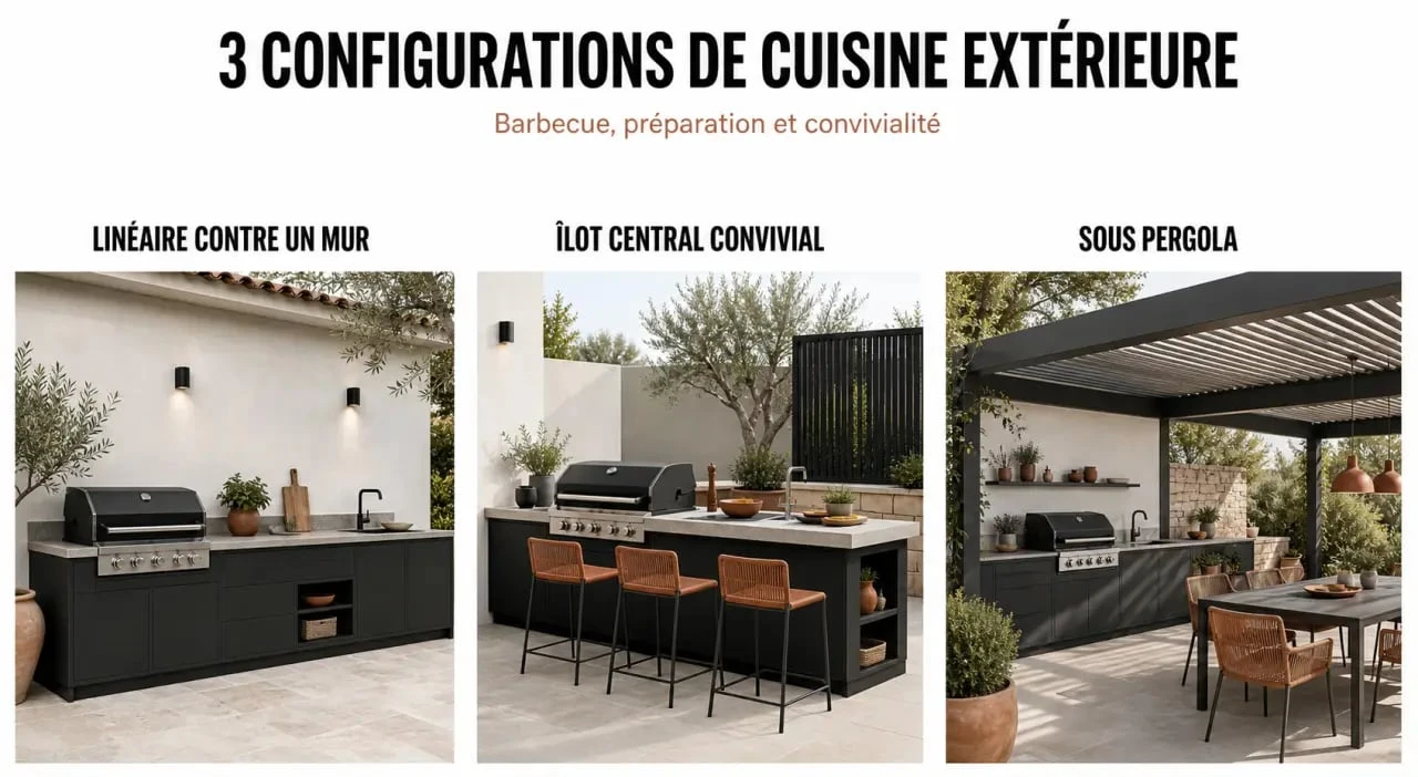 Configurations de barbecue cuisine extérieure en linéaire, îlot et sous pergola
