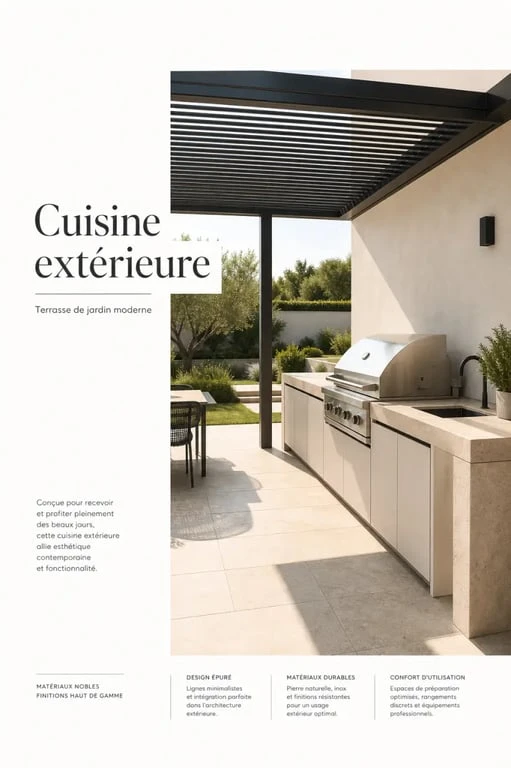 Barbecue cuisine extérieure moderne sur terrasse avec plan de travail, rangements et évier