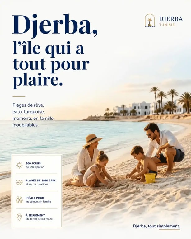 Vacances en Tunisie en famille sur une plage de sable fin à Djerba