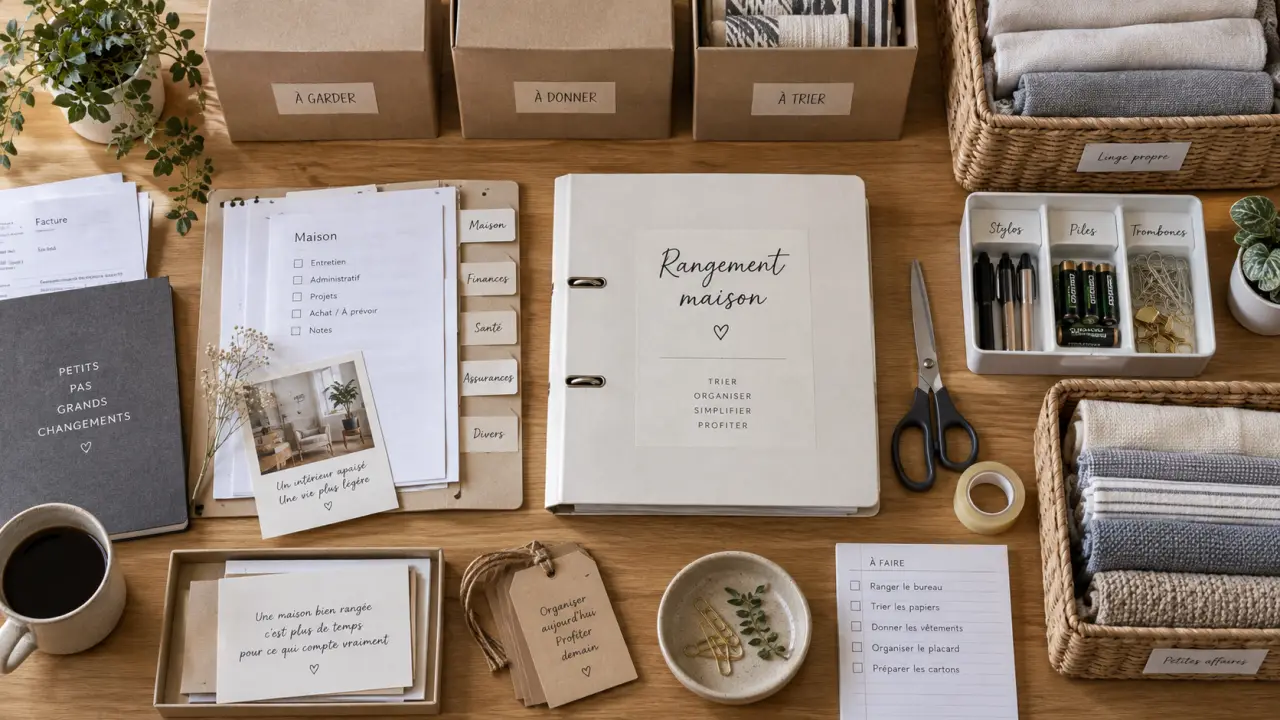 Aide rangement maison : documents triés sur table en bois clair