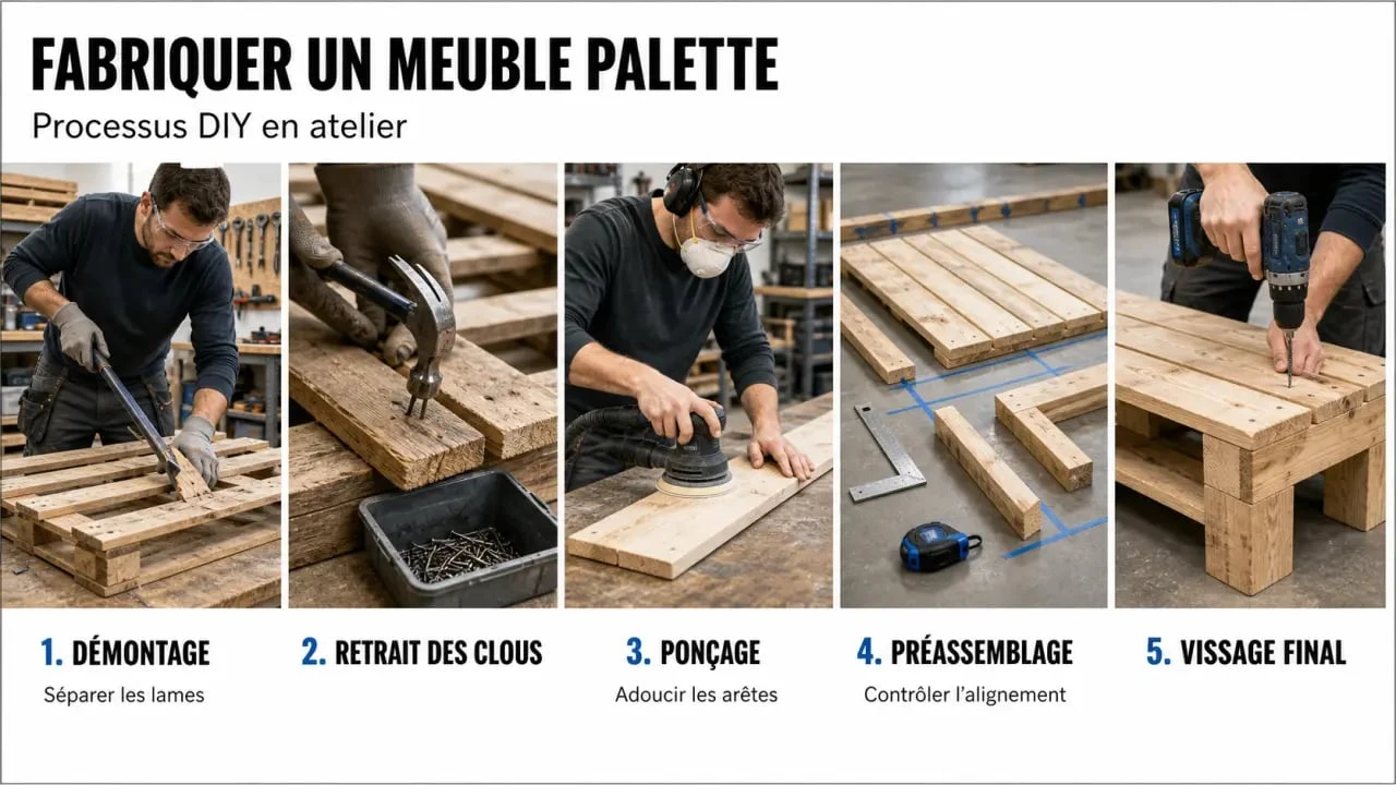 Fabriquer meuble palette : étapes de démontage, ponçage et assemblage dans un atelier