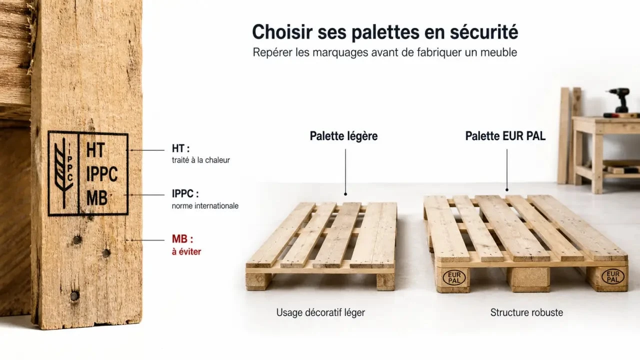 Fabriquer meuble palette : comparaison visuelle des palettes HT, IPPC, MB et EUR PAL