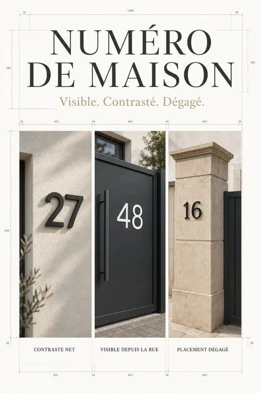 Numéro de maison design installé sur façade, portail et pilier avec contraste visible