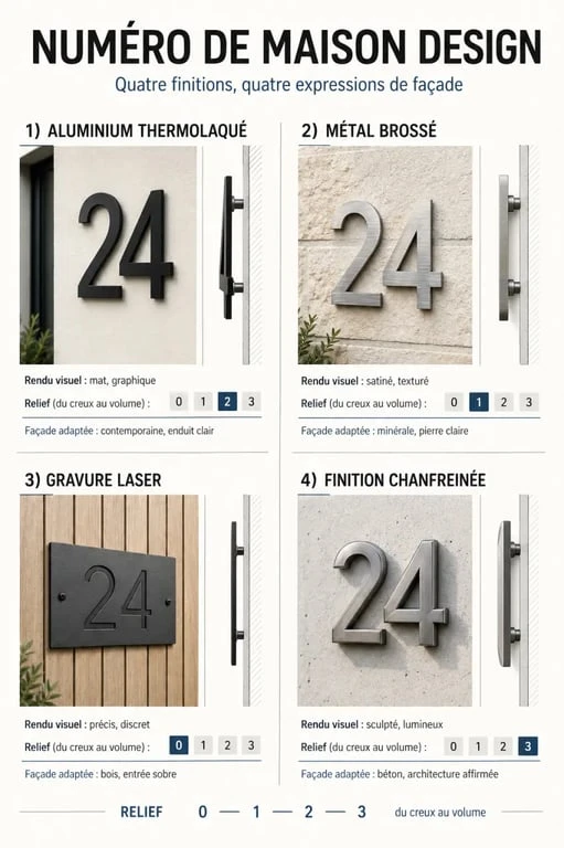 Numéro de maison design : infographie des matériaux et finitions adaptés à une façade