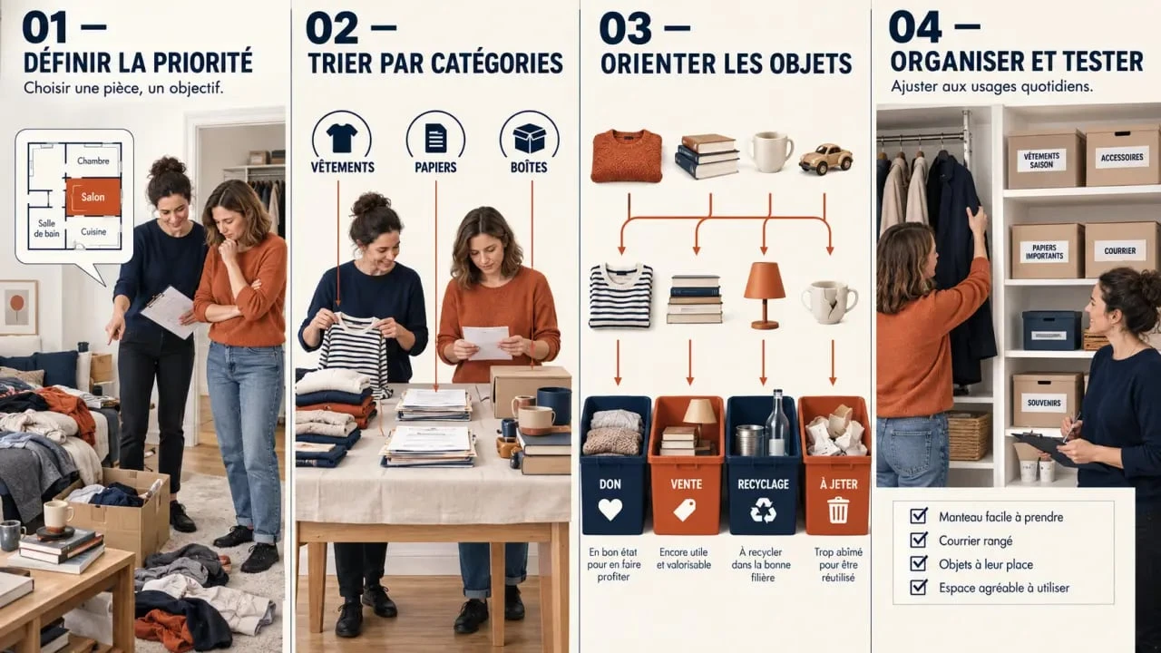 Les quatre étapes d’une aide au rangement maison : trier, désencombrer et organiser