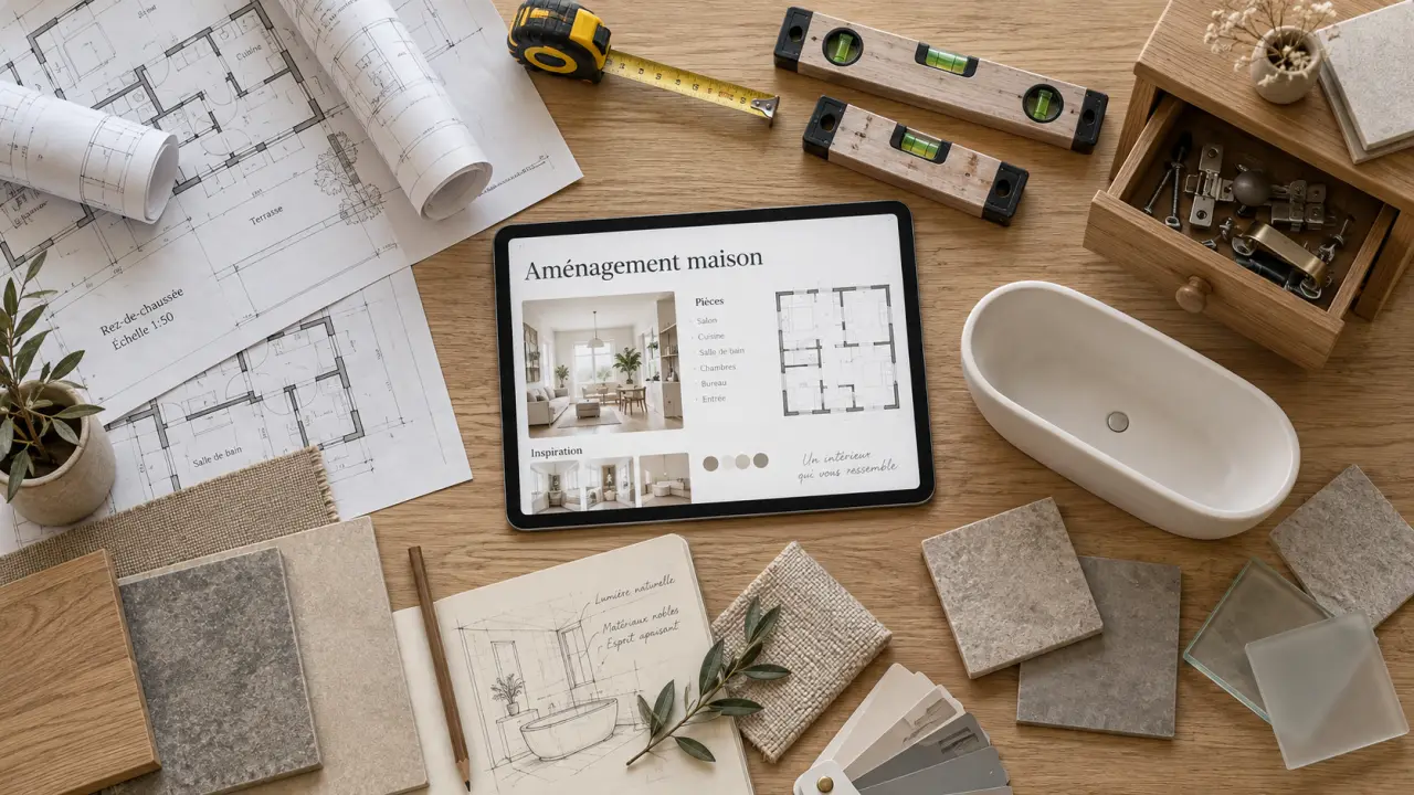 Mon amenagement maison : plans et matériaux d’aménagement sur table