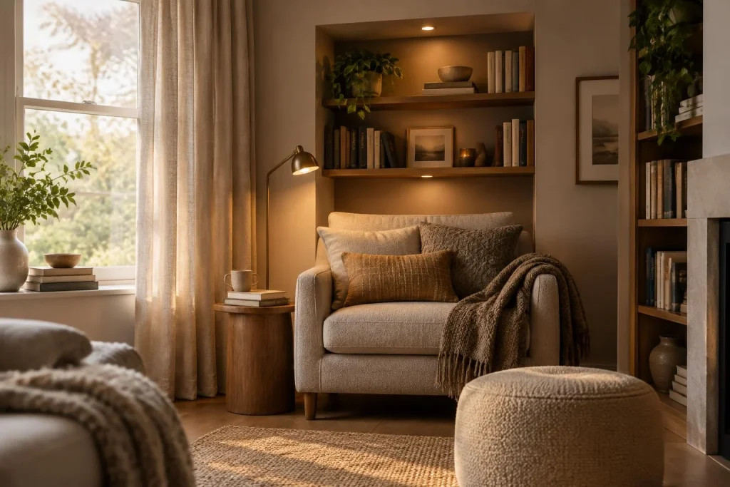 Coin lecture cosy dans le salon : l&rsquo;alcôve se choisit avant le fauteuil