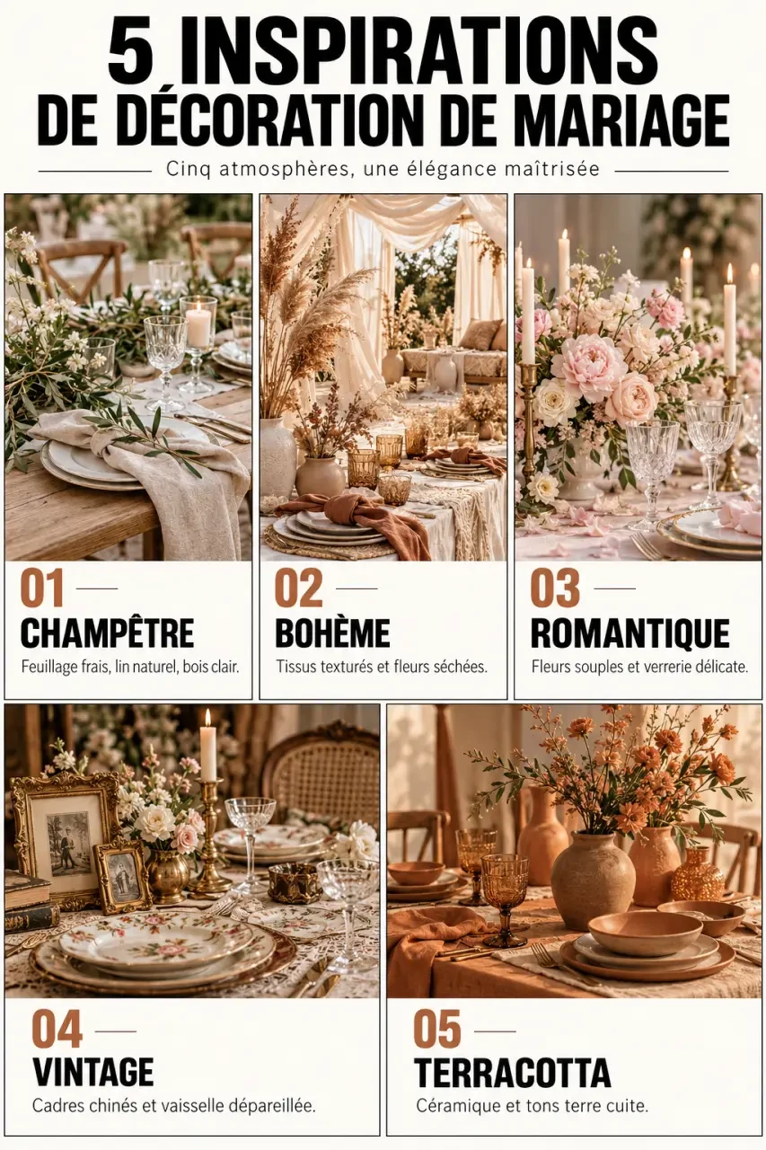 Infographie de cinq styles de décos de mariage champêtre, bohème, romantique, vintage et terracotta