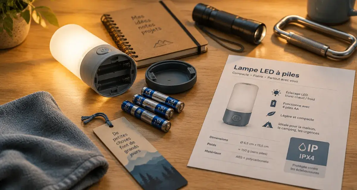 Lampe à pile ouverte sur table, piles AA neuves, format non adapté