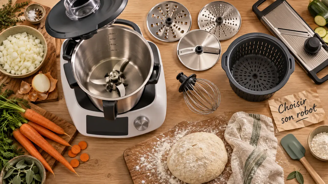Meilleur robot cuisine et accessoires : bol inox, fouet, disques à râper