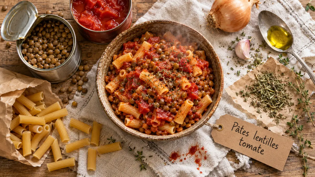 Recette facile pas cher : pâtes aux lentilles et tomate